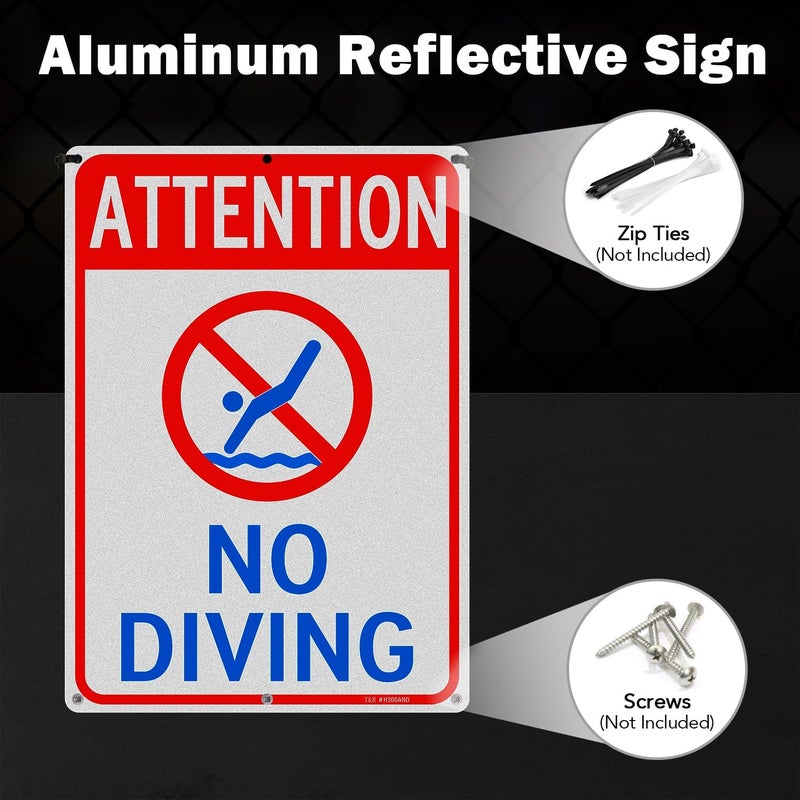 TR Attention No Diving Sign - 2 Pack - 14"x10" .040 Rust Free Heavy Aluminum, Reflective, Waterproof, Weatherproof and Fade Resistant, 6 pre-drilled holes, Easy to Mount - Image 5
